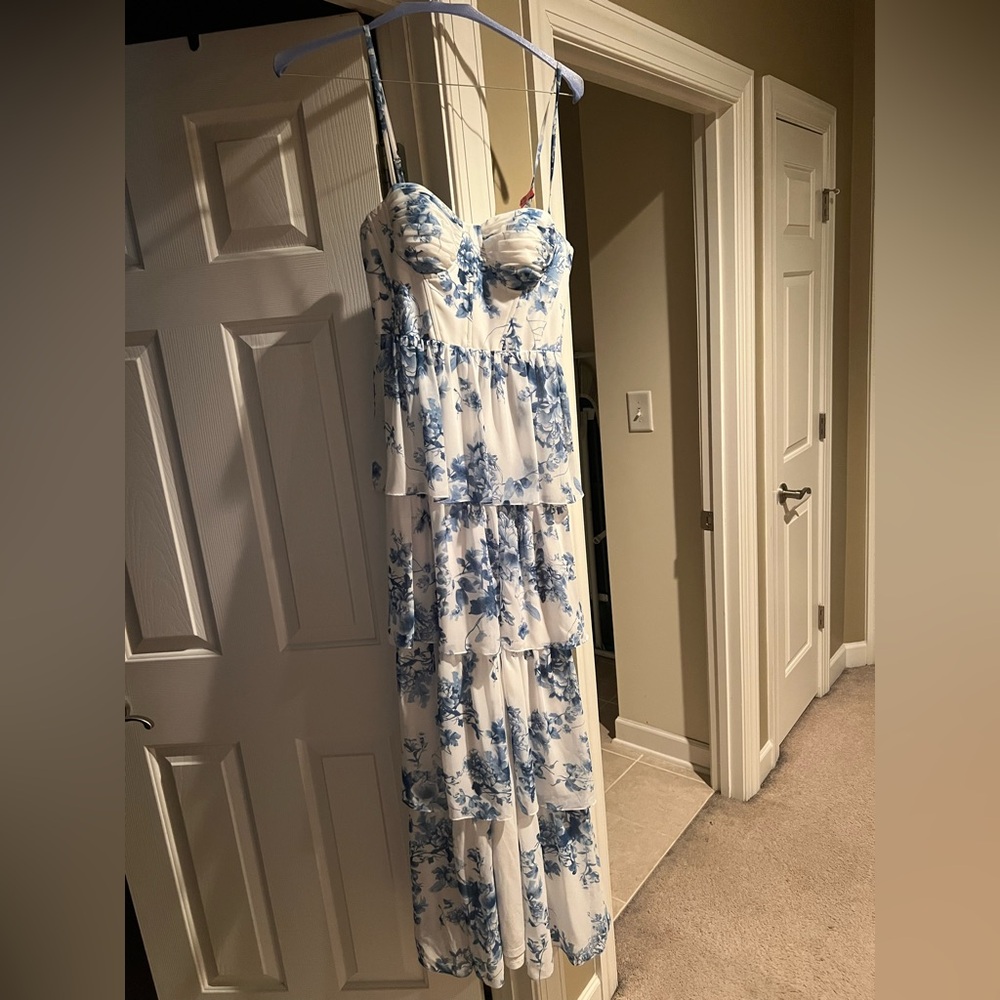 LIGHT BLUE BUSTIER-STYLE CHIFFON TIERED RUFFLE MAXI - Picture 7 of 8